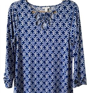 Charter Club Blue and White 3/4 Sleeve Top Size M